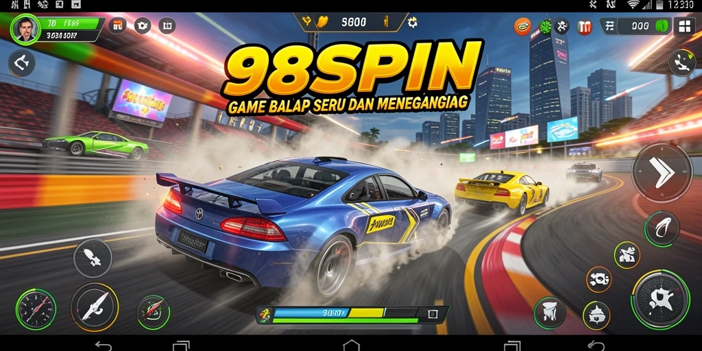 Gameplay Racing yang memukau dalam 98SPIN dengan mobil balap cepat.