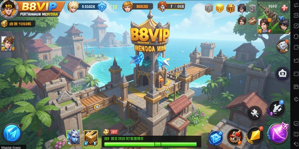 Screenshot gameplay B8VIP menunjukkan menara dan musuh yang menegangkan.