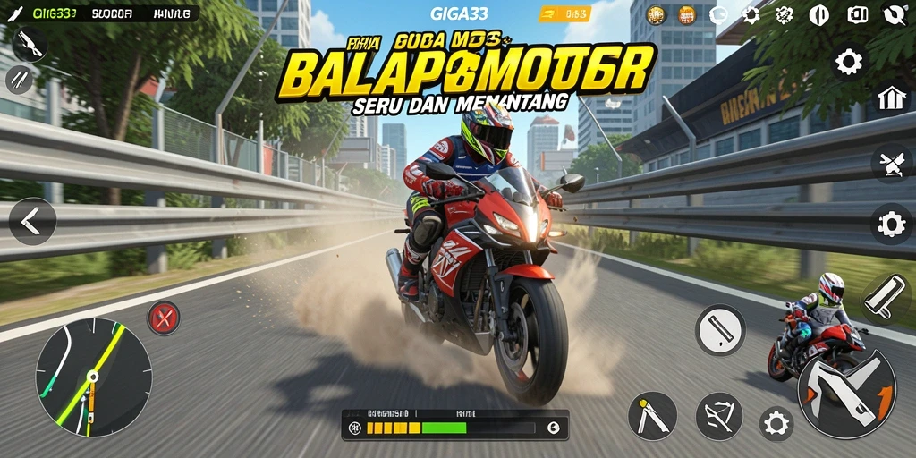Screenshot gameplay GIGA33 menunjukkan aksi balapan motor yang mendebarkan.
